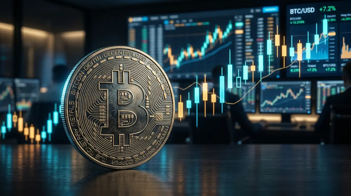 Bitcoin coin with blurred candlestick charts showing cryptocurrency market analysis and price trends