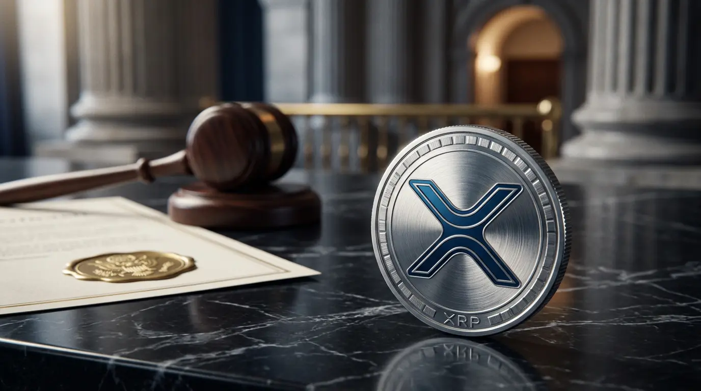XRP cryptocurrency coin on marble with government regulatory elements in background