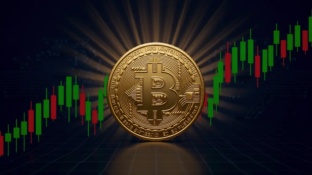Bitcoin coin with ascending chart candlesticks and upward light rays on dark background