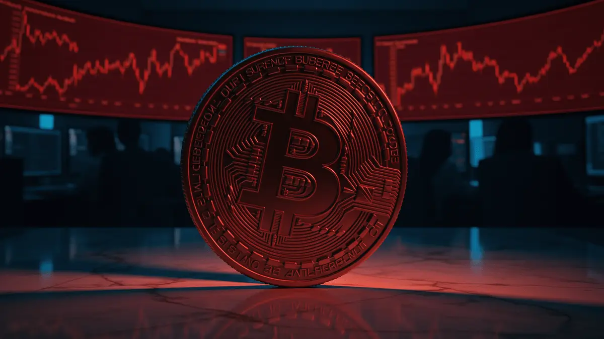 Bitcoin price decline visualization with downward trending charts in modern trading floor environment