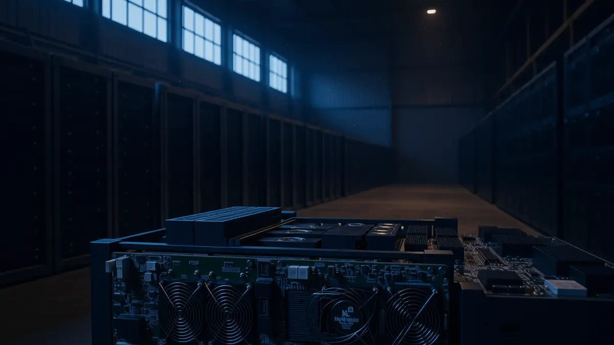 Bitcoin mining facility with stressed equipment showing operational pressure and economic challenges