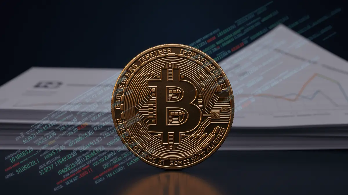 Bitcoin coin with financial yield data and income distribution charts in institutional setting