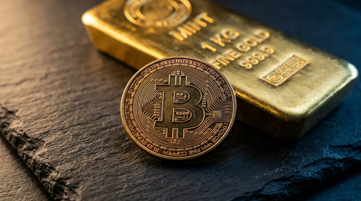 Bitcoin coin and gold bar representing institutional investment and wealth storage comparison