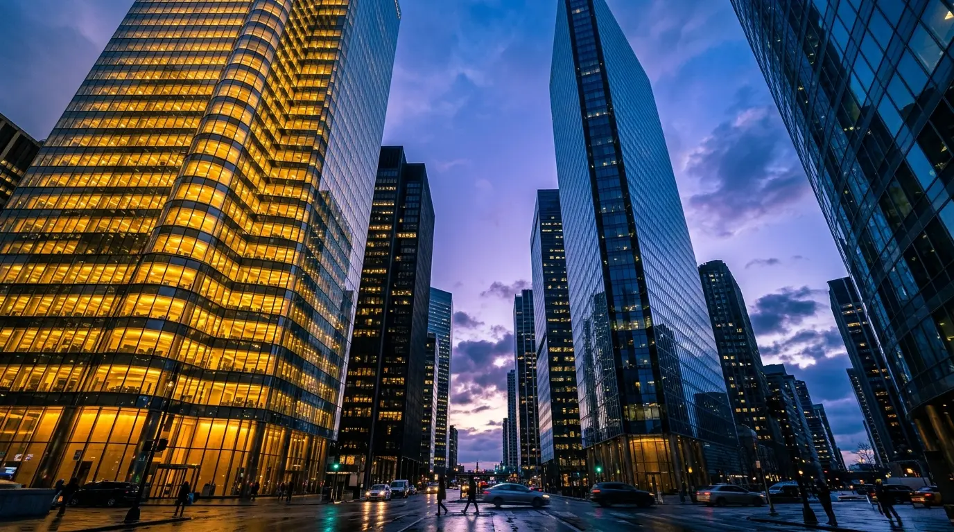 Modern banking district skyscrapers at dusk representing institutional Bitcoin investment shifts