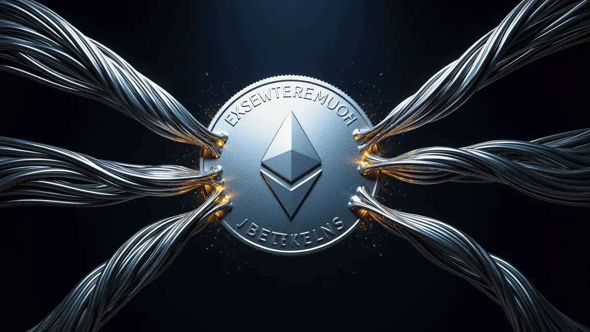 Ethereum coin with flowing metal streams showing supply squeeze and institutional demand pressure