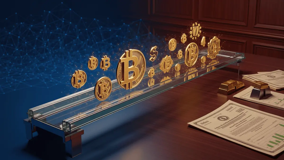 Bridge connecting Bitcoin cryptocurrency world to traditional financial assets representing ETF convergence