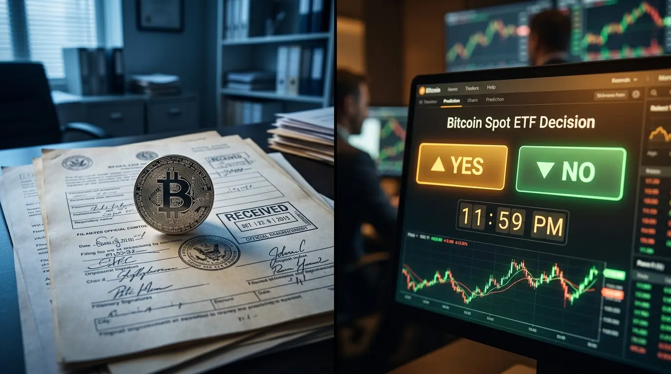 Bitcoin on SEC documents beside prediction market interface showing timing conflict