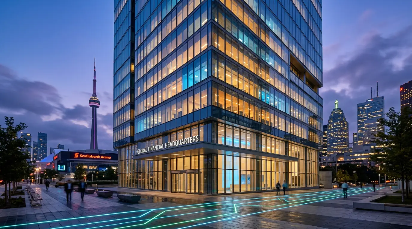 Modern financial building in Toronto representing Robinhood's expansion into Canadian crypto market