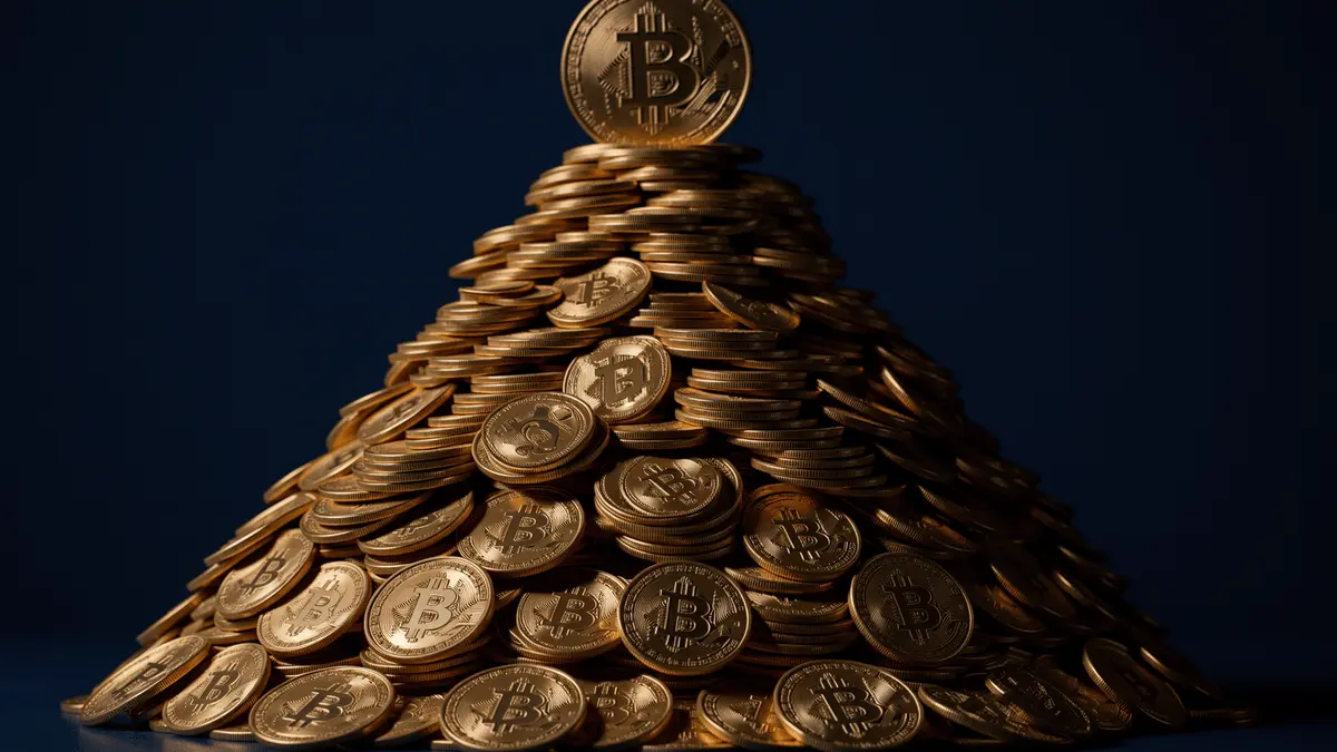 Massive pyramid of gold Bitcoin coins representing Strategy's historic cryptocurrency accumulation milestone