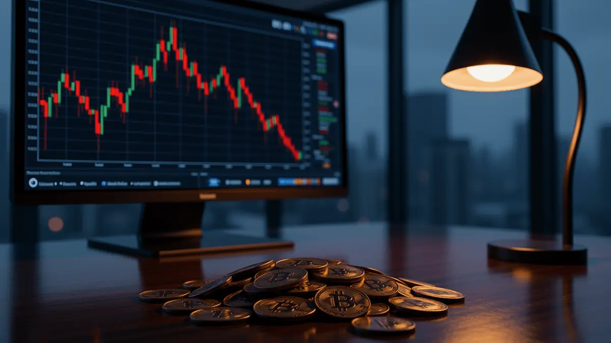 Declining stock chart with Bitcoin coins on trading desk representing STRC investment concerns