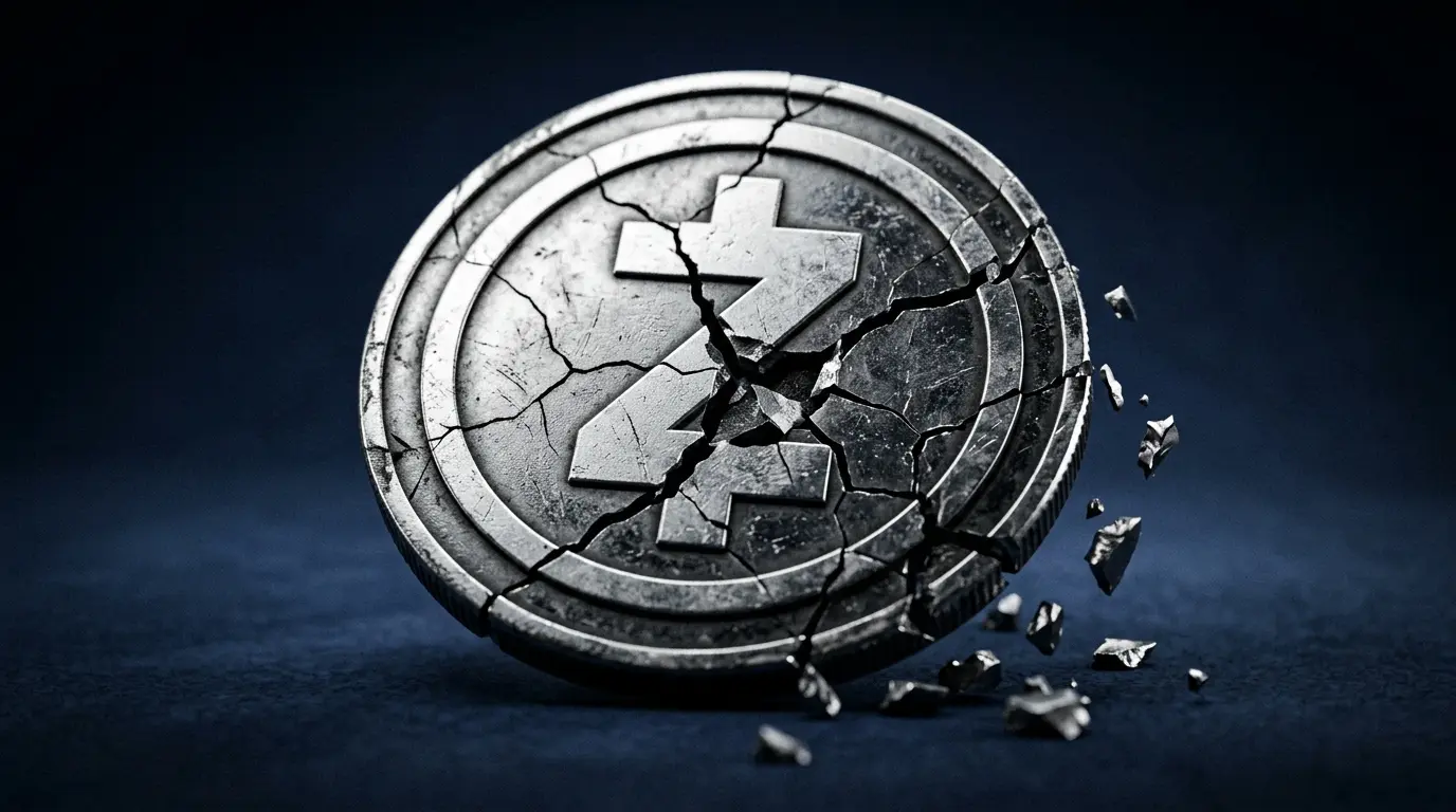 Fractured Zcash cryptocurrency coin with visible cracks symbolizing security vulnerability and price crash