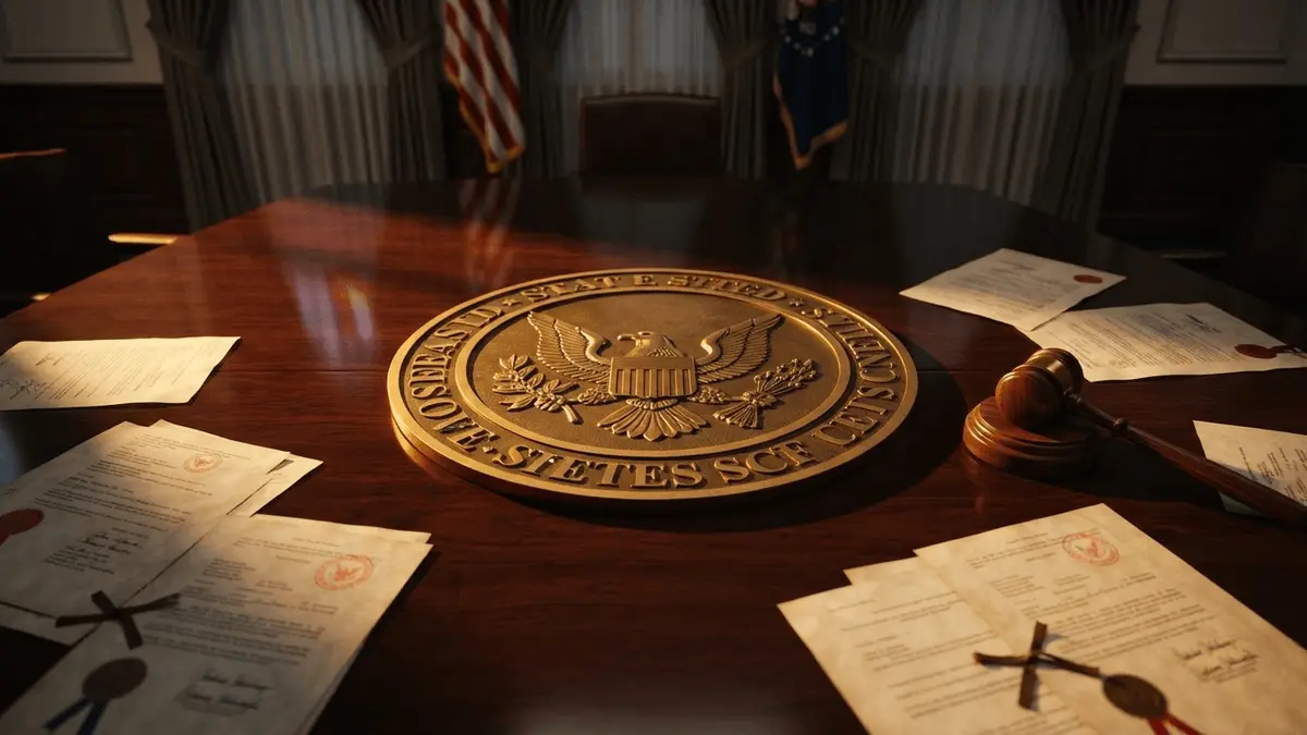 SEC emblem and legal documents on boardroom table representing crypto regulation authority
