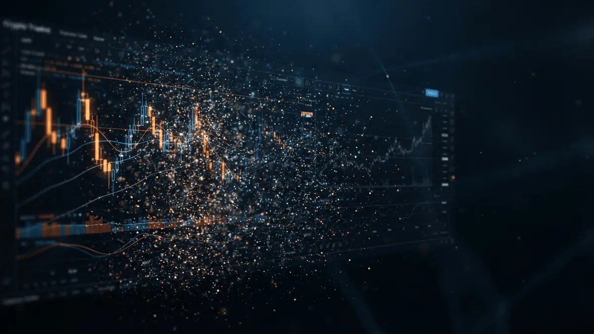 Cryptocurrency trading platform interface dissolving into digital particles on dark background
