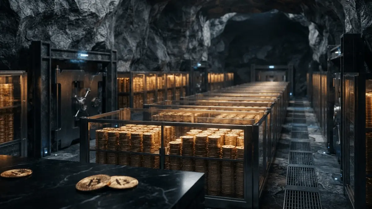 Bitcoin coins secured in underground vault representing long-term holder accumulation