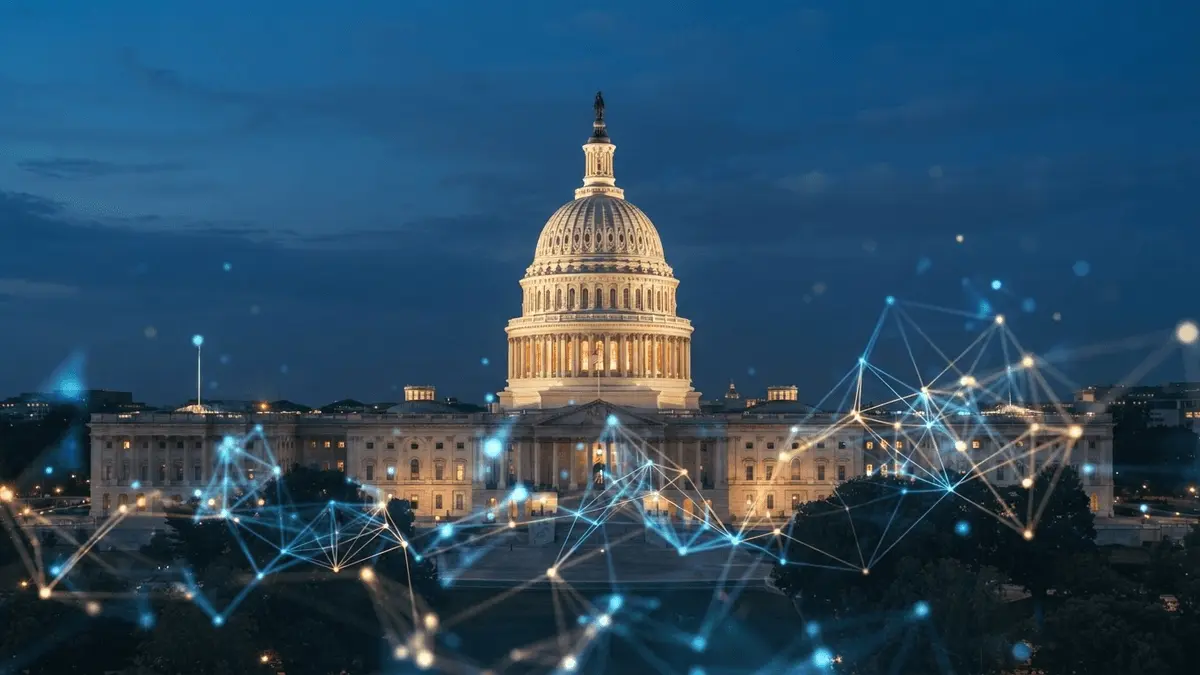 US Capitol Building with abstract blockchain network overlay representing cryptocurrency regulation