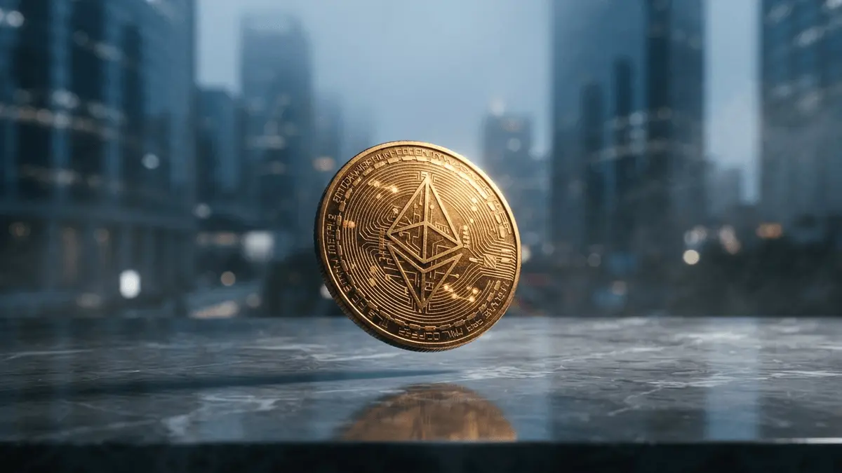 Golden blockchain token falling above marble surface with financial district background