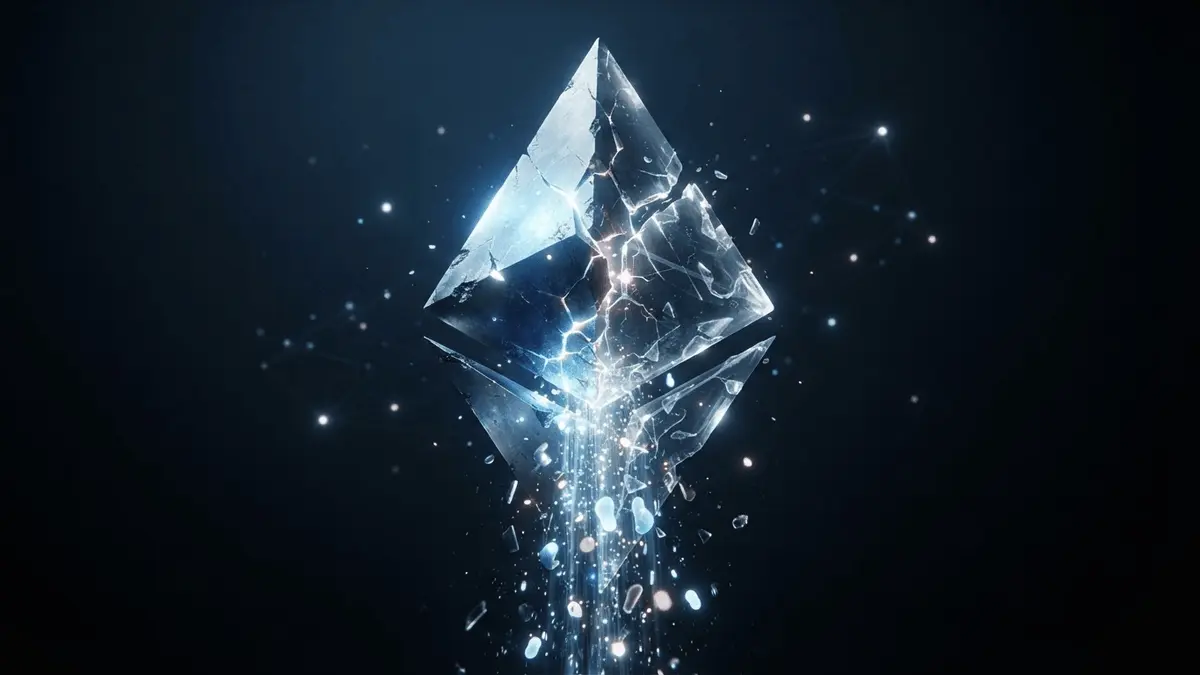 Fractured Ethereum crystal with cascading data streams representing EIP-4844 revenue impact