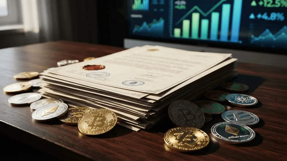 Legal documents and cryptocurrency coins on desk representing FTX creditor repayment process