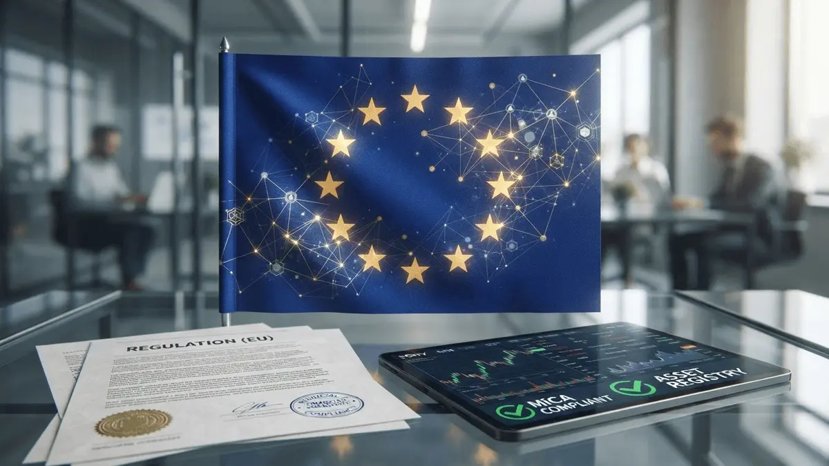 European Union flag with digital blockchain network and regulatory documents representing MiCAR crypto regulation