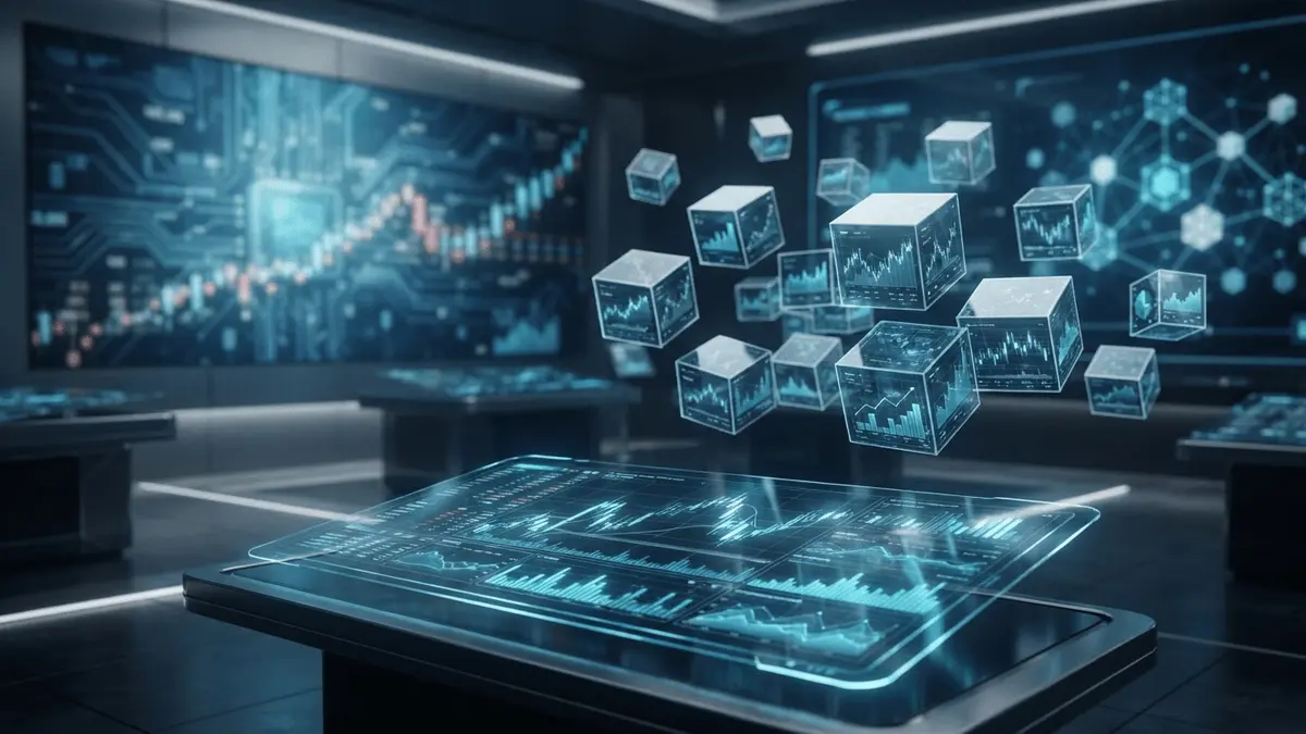 Blockchain trading floor with holographic charts merging traditional and crypto finance