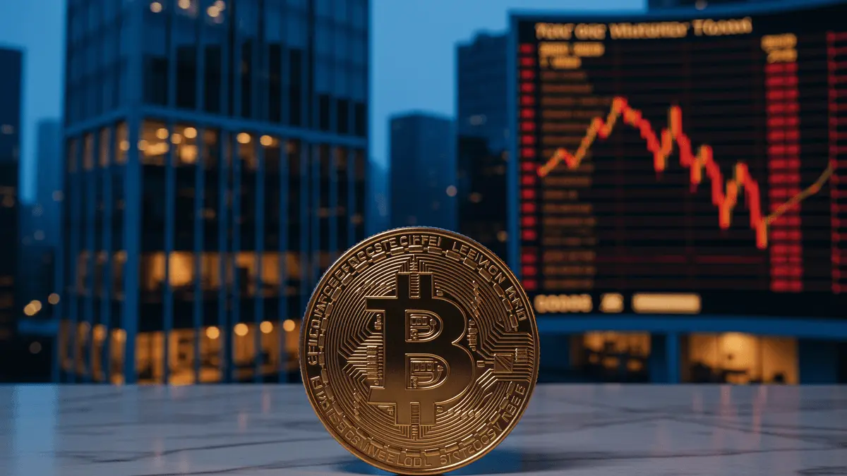 Bitcoin coin on trading desk with institutional bank towers representing market transition