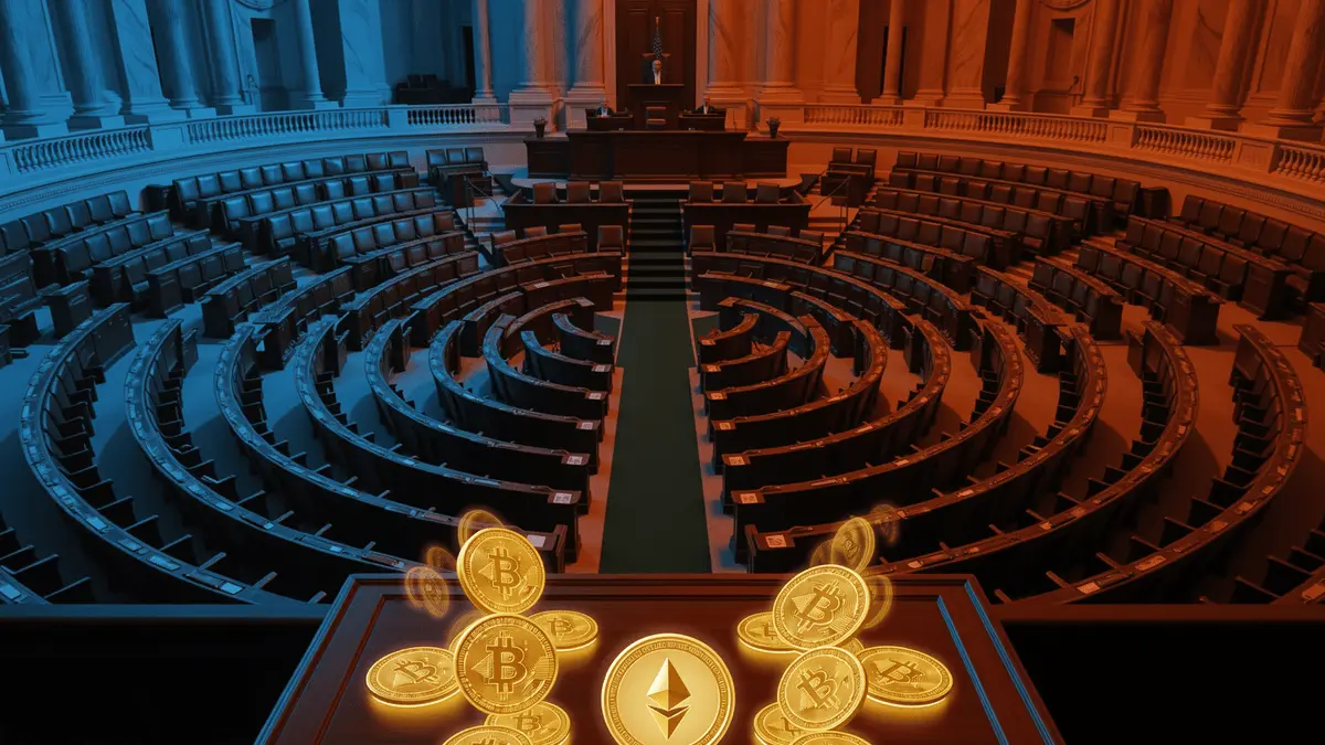 U.S. Senate chamber divided by lighting with holographic cryptocurrency symbols in foreground