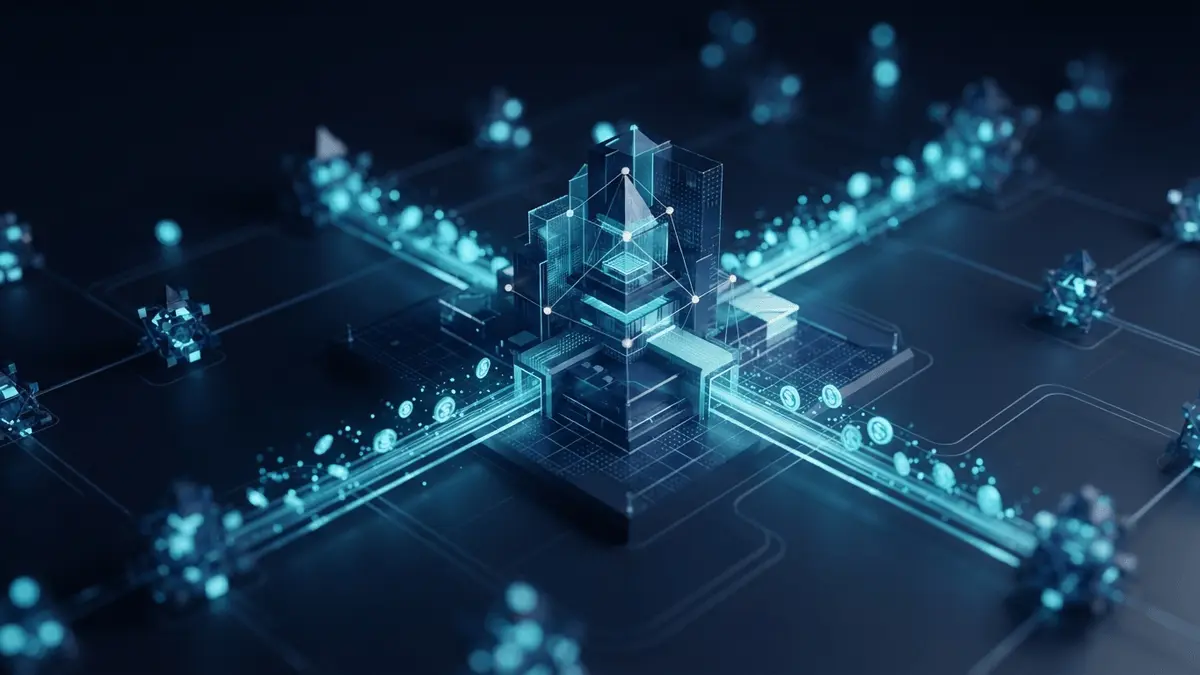 Digital blockchain payment infrastructure with interconnected nodes and stablecoin token flows