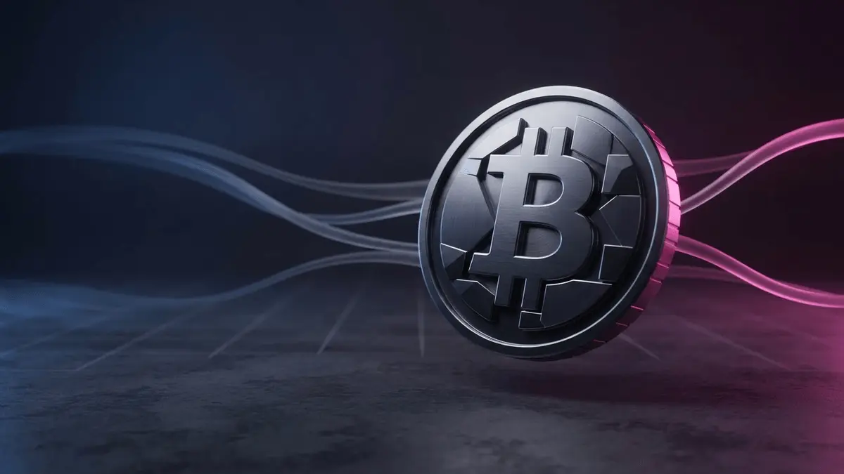 Studio-lit Bitcoin symbol between ETF selling pressure and tentative market stabilization