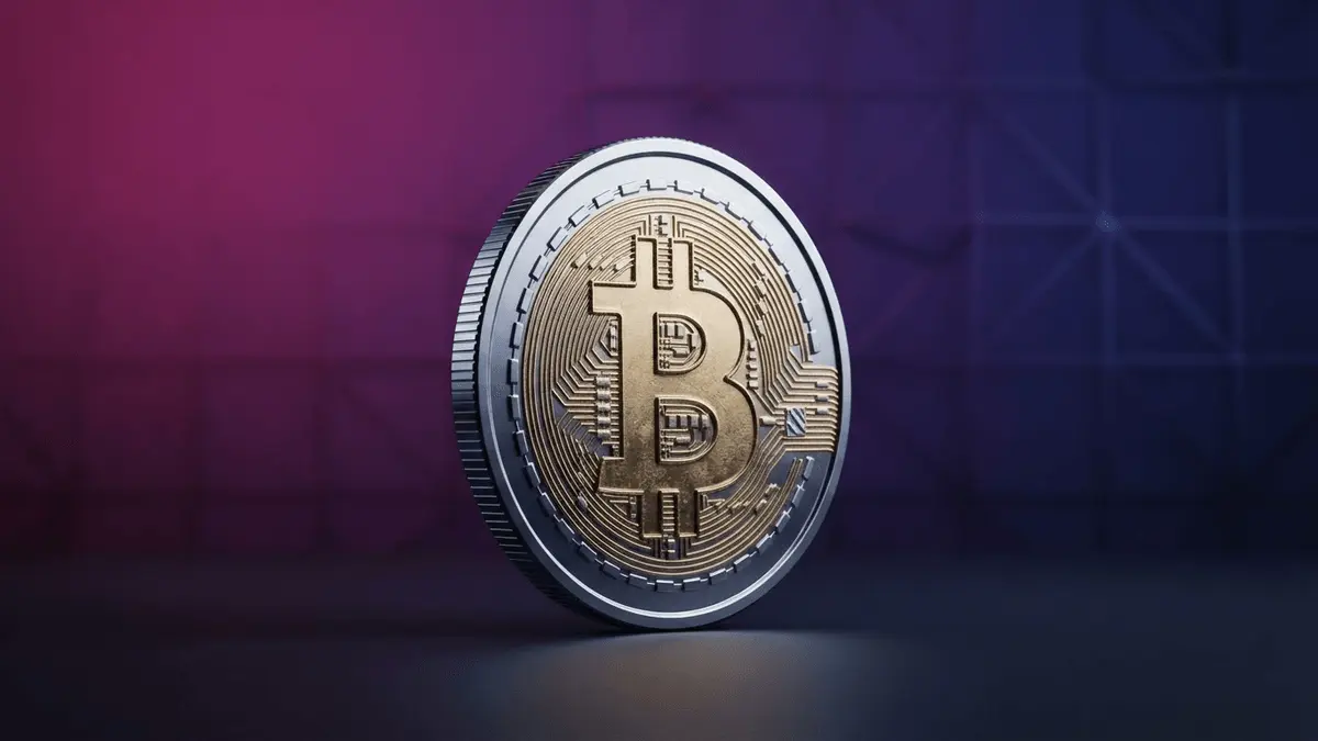 Bitcoin coin with magenta gradient background representing FBI crypto seizure investigation