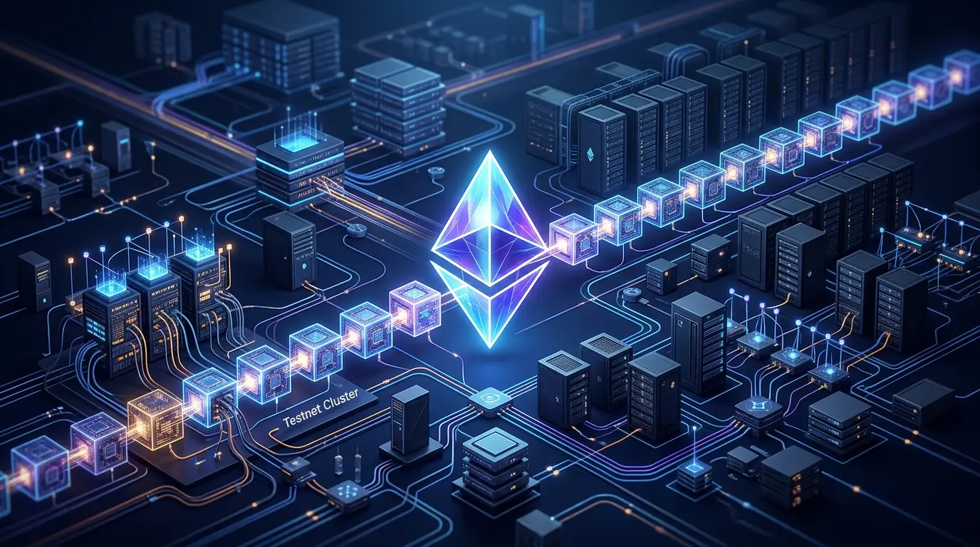 Ethereum-inspired blockchain testnet infrastructure illustrating the Glamsterdam public testing phase