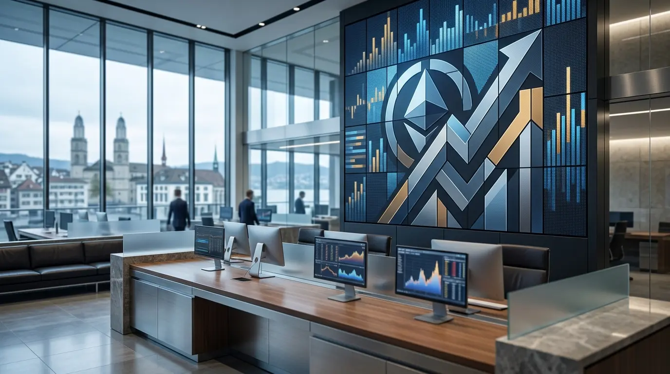 Institutional Bitcoin ETF investment represented by a Swiss wealth management trading desk and secure digital market display