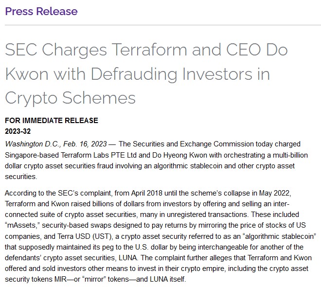 Accusations de la SEC à l'encontre de terraform et de son PDG Do Kwon