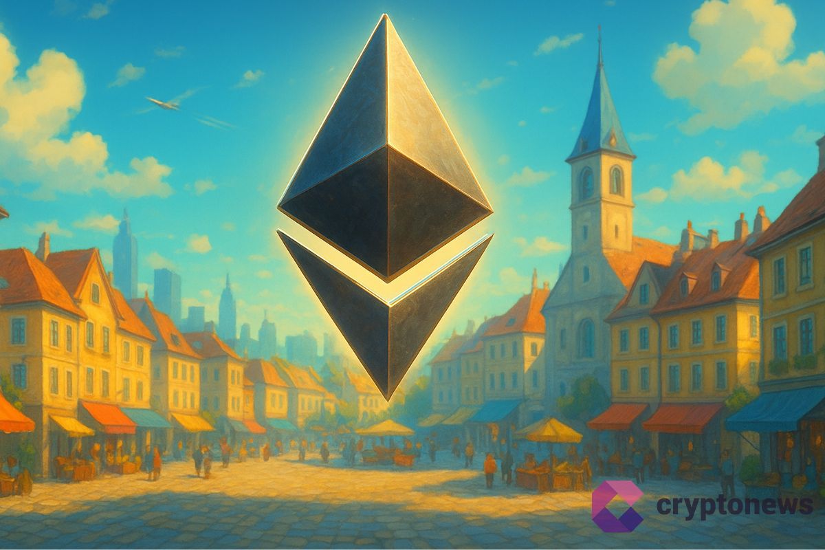 Logo 3D d'Etherum dans le décor d'une ville européenne
