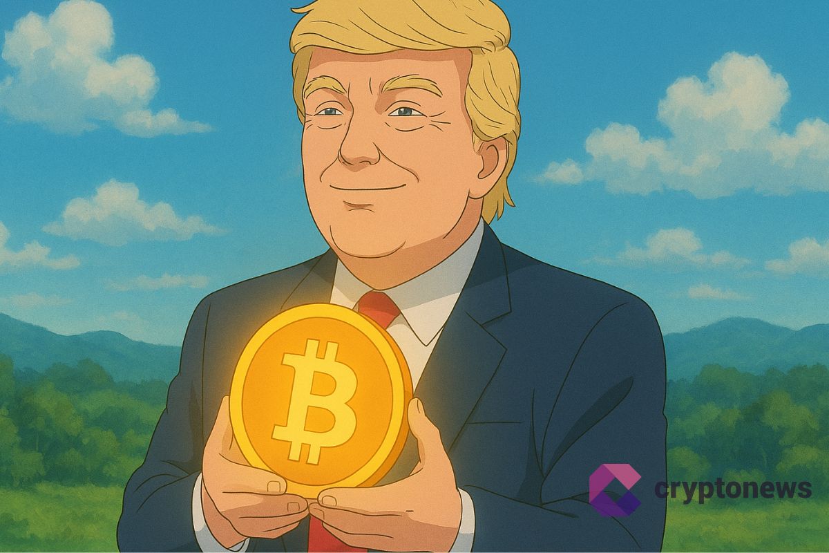 Donald Trump illustré dans un style Ghibli tenant un logo Bitcoin brillant