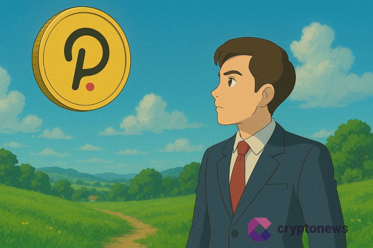 Investisseur observant le jeton Polkadot (DOT) dans un paysage inspiré de Ghibli