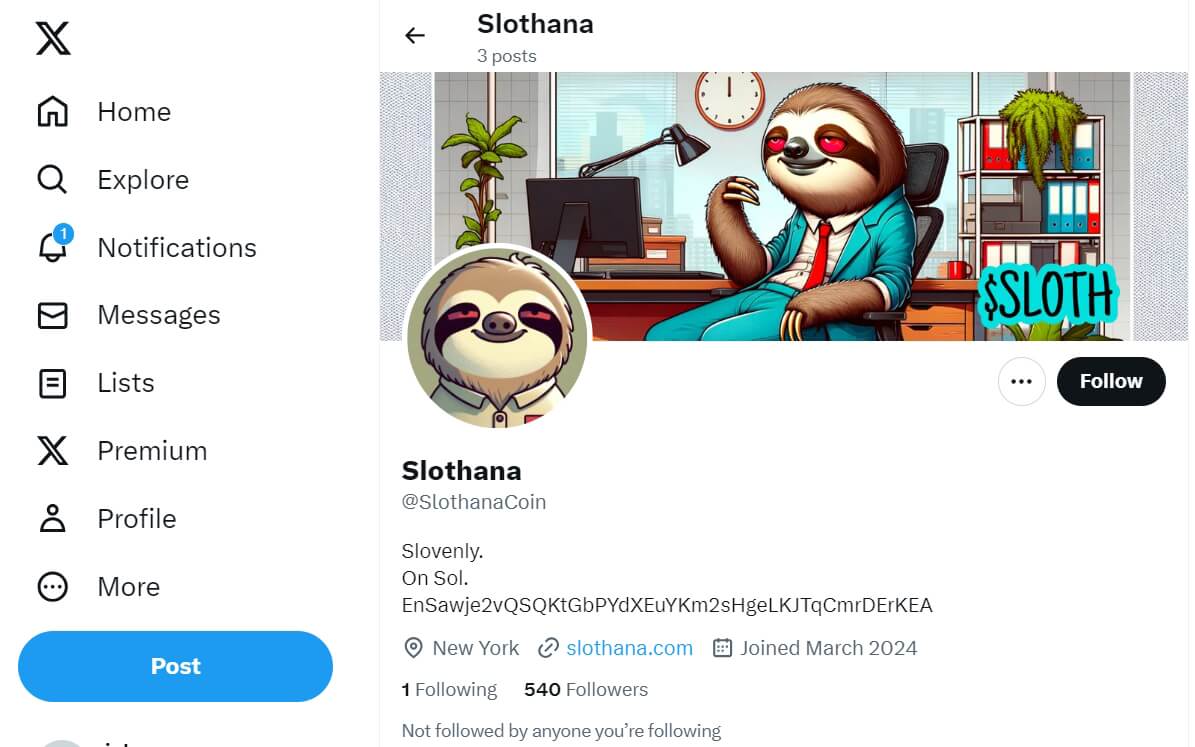 Slothana ($SLOTH) meme token Twitter sayfası
