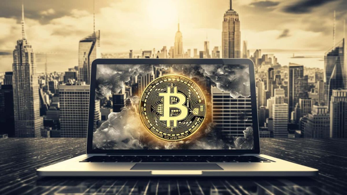 ビットコインがコンピュータの前にある未来都市
