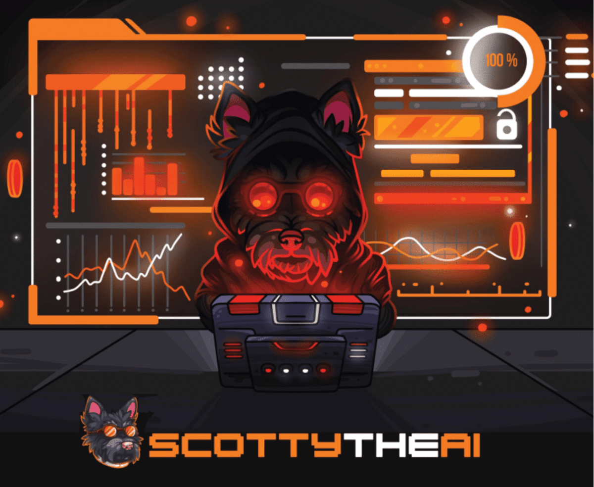 Scotty the AI（SCOTTY）のロゴ、サイバーセキュリティを任務とする犬のミーム