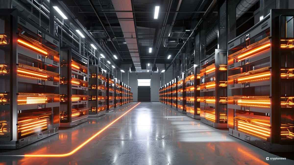 暗く照らされたデータセンター内のサーバーラック。オレンジ色のライトがサーバーを照らしている。