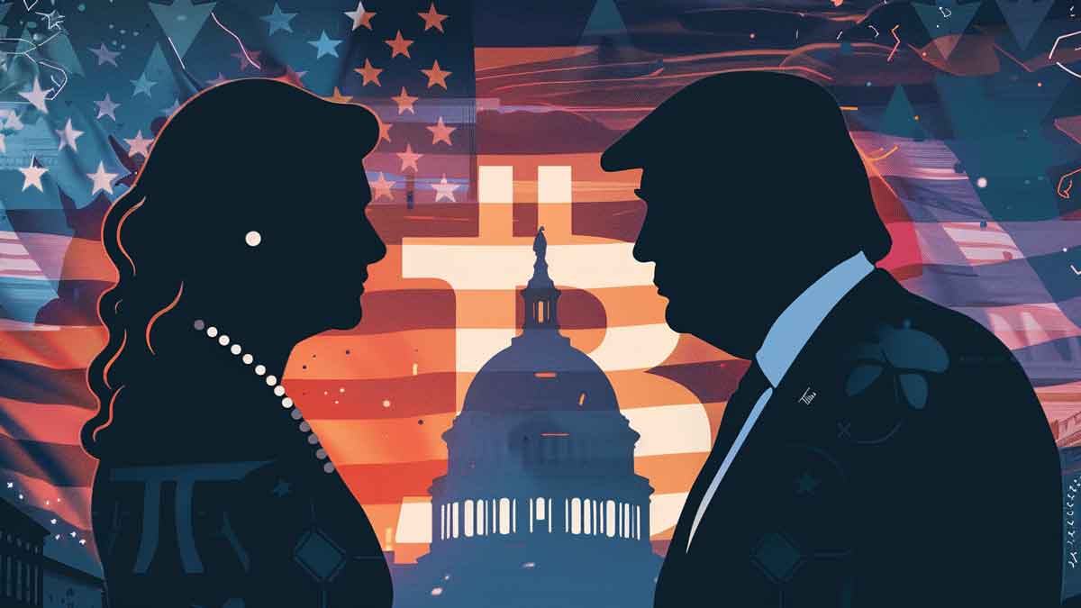 二人の異なる政治的人物のシルエットが向かい合っている。背景にはアメリカ国旗とビットコインのシンボルが重なっている。