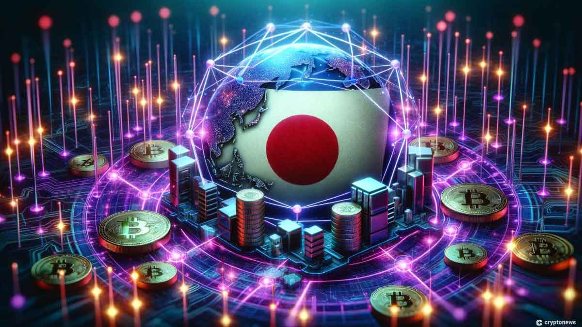 日本国旗を未来的な仮想通貨コインが囲む