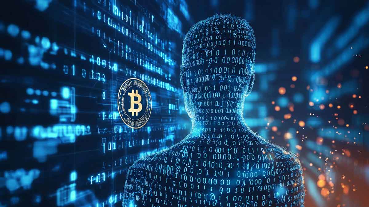 二進コードとブロックチェーンのシンボルに囲まれた謎めいた人物のシルエット