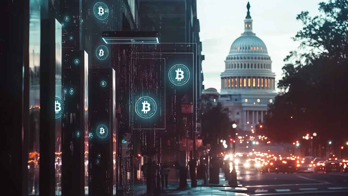 未来的な投票ブースの上に浮かぶ仮想通貨のホログラフィックシンボルと、遠景に米国議事堂のシルエットが見える都市景観