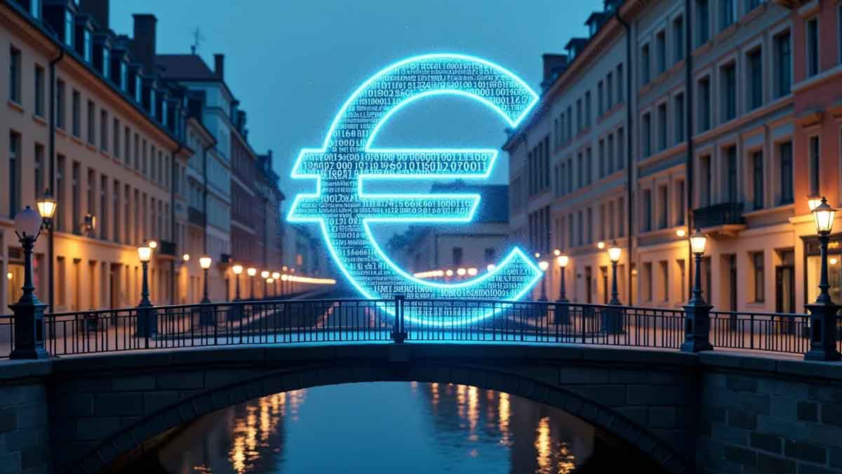 流れるバイナリコードで満たされた透明なユーロ記号が、古典的な欧州の銀行建築と現代的な暗号資産取引所オフィスを結ぶ橋の上に浮かんでいる様子