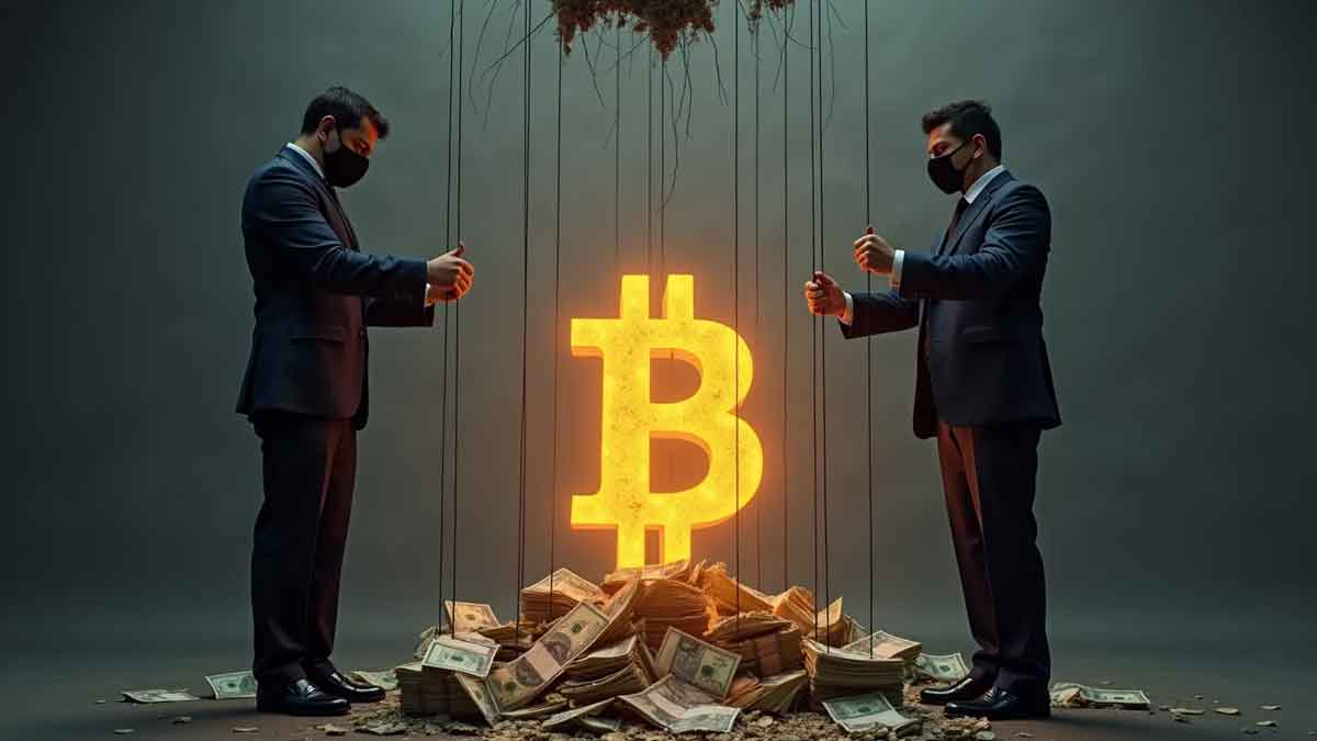 スーツを着た2つの影のような人物が、光る仮想通貨のシンボルを操る糸を操作している。