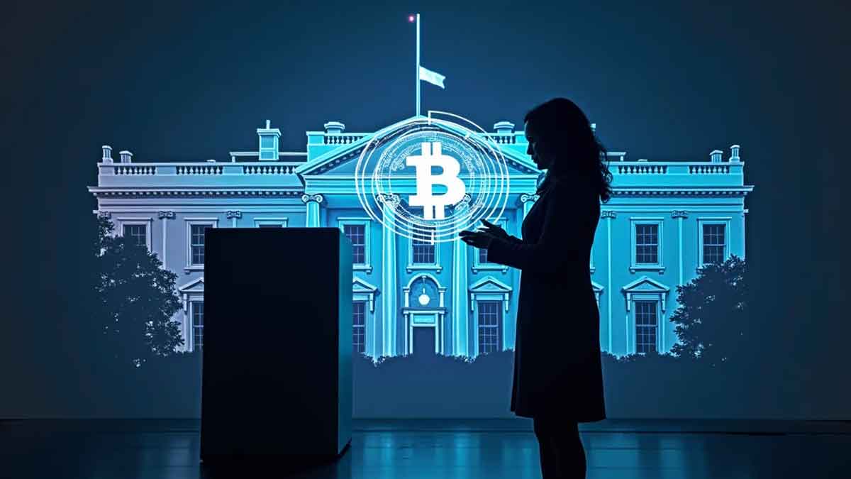 未来的な投票ブースの隣に立つカマラ・ハリスのシルエット、両者の間に浮かぶ仮想通貨のホログラム、背景にはホワイトハウスと回路基板のパターンが融合した風景