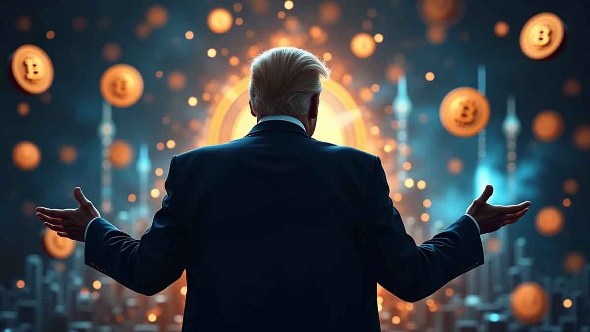 トランプ氏の横顔が刻まれた金色の仮想通貨コインが未来的な都市の上に浮かんでいる様子