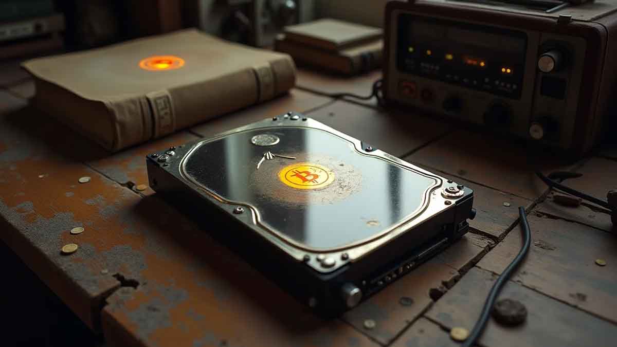 古びた木製の机の上に置かれた光るハードドライブ。周りには埃っぽい古書や昔のコンピューター部品が散らばっており、ハードドライブの表面にはかすかにビットコインのシンボルが反射して見える。