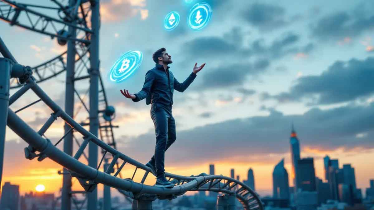スマートフォンから生えた木。葉っぱが仮想通貨のシンボルで、枝には個人投資家を表すカラフルな鳥たちが止まっている。デジタル投資の成長と多様性を表現した抽象的なイメージ。
