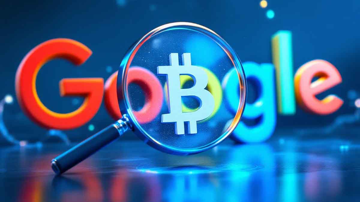 虫眼鏡で拡大されたビットコインのロゴと、背景に薄れゆくGoogleのカラフルな文字。Google検索からビットコイン価格データが消えたことを象徴的に表現。